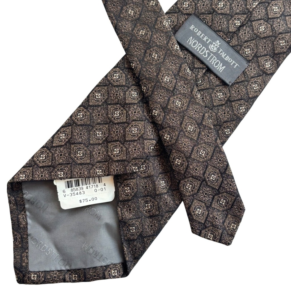 NWT‎ Robert Talbott Silk Tie Hand Sewn USA Brown Geometric Medallion Jacquard